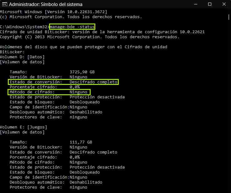 cmd ver si mis discos estan encriptados