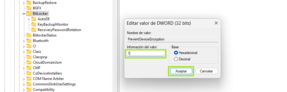 prevent device encryption bitlocker desactivar editor de registro