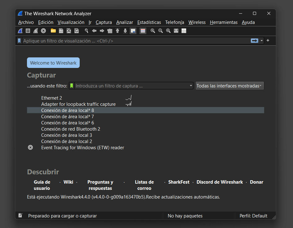 wireshark interfaz uso monitor de red